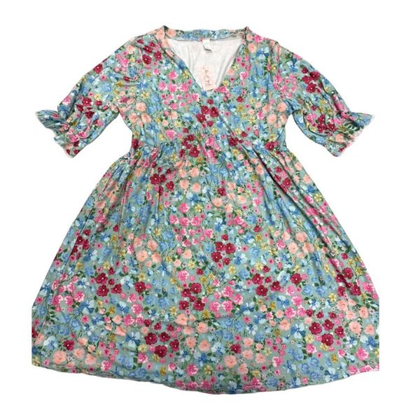 Pink Daisy Womens V Neck Short Sleeves Multicolor Floral Top Size L - Picture 1 of 3